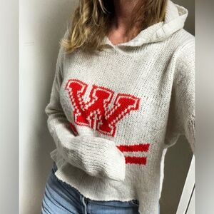 Wildfox White Label Womens Hooded Sweater Sz M Ivory Red W Wool Blend